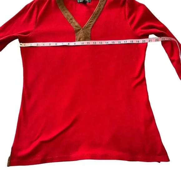 Lauren Ralph Lauren Women's Red Tunic Top L Faux Suede Trim V-Neck - Picture 3 of 13